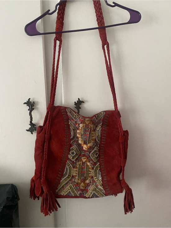 Anthropologie Handbags - Anthropologie Red Suede Embroidered Fringe Shoulder Bag